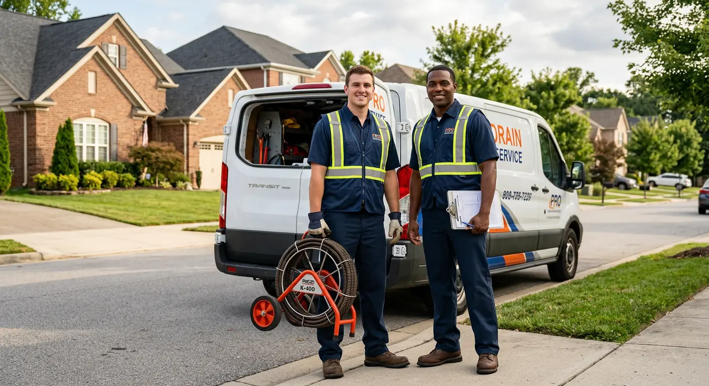 Sewer and drain service team with equipment ready for work in Douglass
