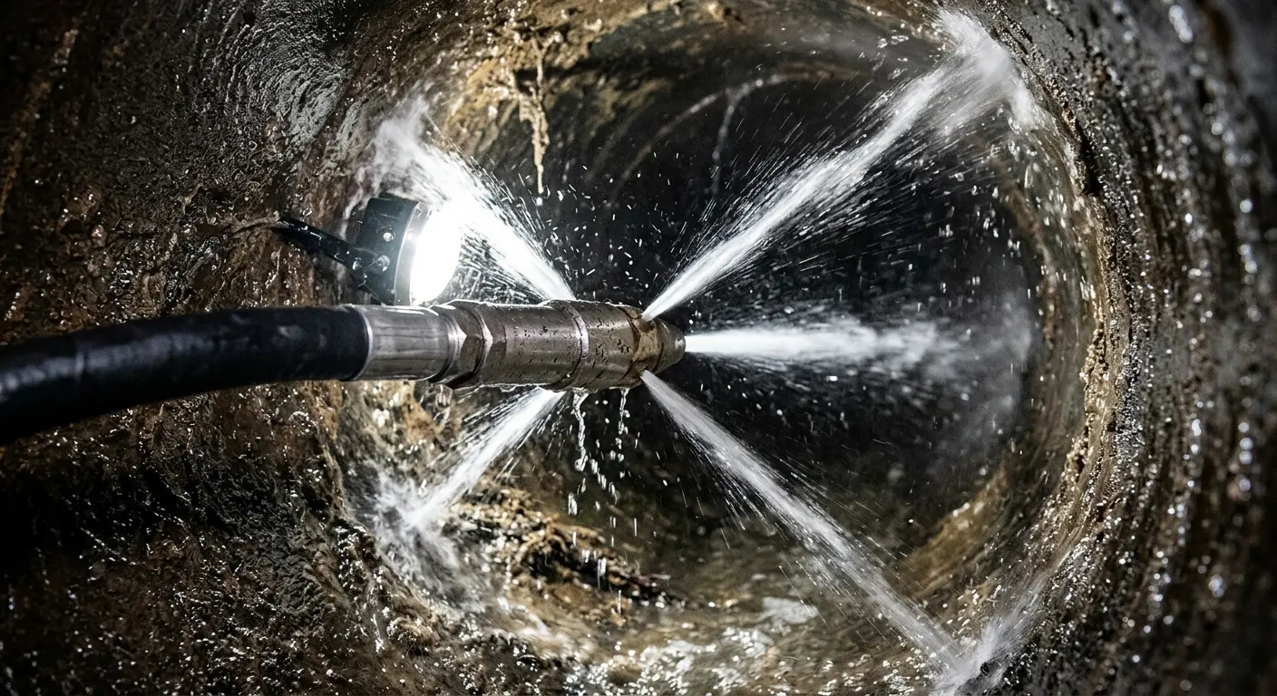 High-pressure hydro jetting nozzle cleaning sewer pipe for Trenchless Sewer Repair in Douglass