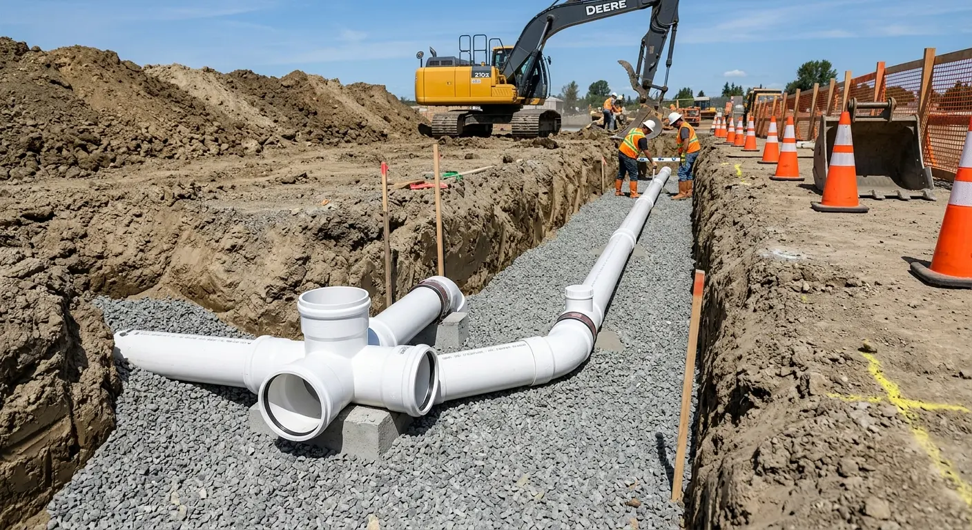 New PVC sewer pipe installation in open trench for Commercial Drain Cleaning in Douglass