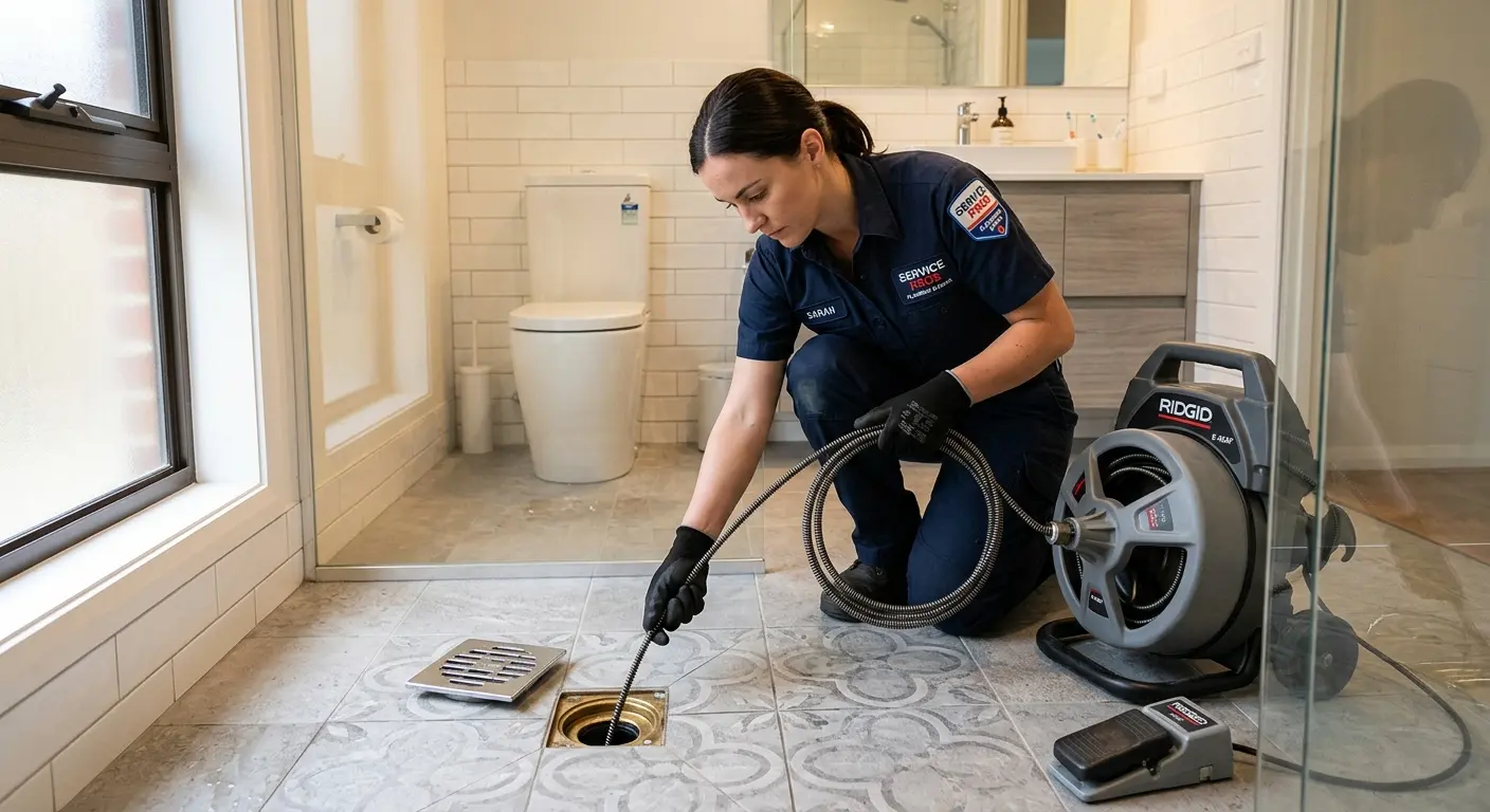 Technician clearing a bathroom floor drain for Drain Repair in Douglass